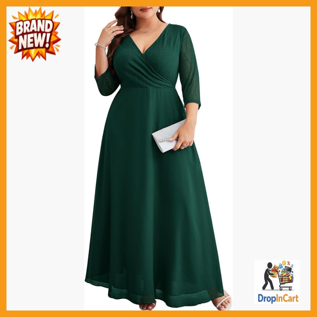Elegant Lace Chiffon Maxi Dress Formal Evening Gown V-Neck Wrap 3/4 Sleeves